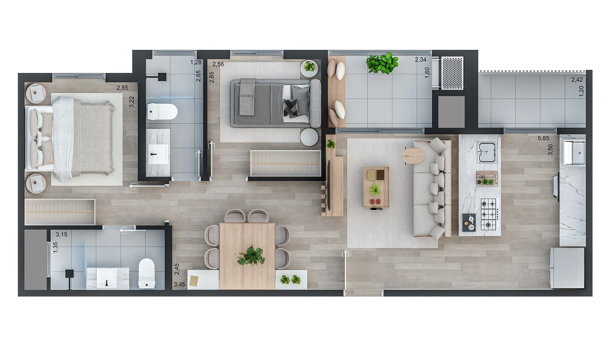 Planta Tipo - 1 suite e 1 quarto - Terranoble Residence